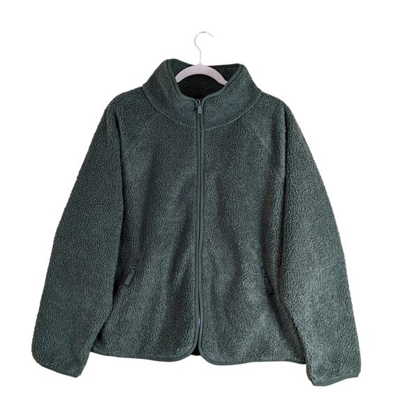 All in Motion Sherpa Jacket Women XXL Relaxed Zip Pocket Olive Green Sweatshirt - Picture 1 of 10
